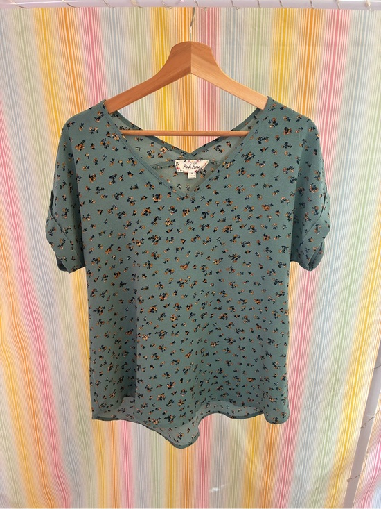 Pink Rose Tops - Pink Rose Teal Floral V-Neck Short Sleeve Top